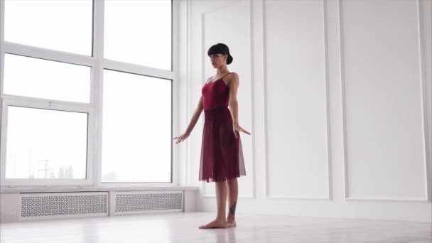 Jeune danseuse brune fait des mouvements dans un cours de danse en journée — Video