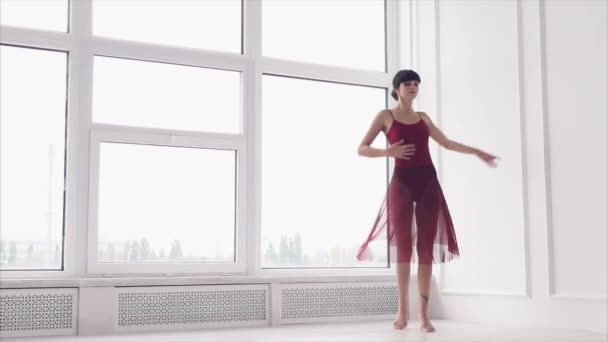 Mladá, profesionální taneční učitel provádí elegantní pohyby v tanečním sále — Stock video