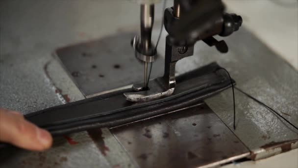 Close up shot of the needle from sewing machine that enters the piece of leather — Stock Video