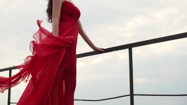 Dress fluttering under the gusts of air, a lady staring to distance on the sea — Stock Video