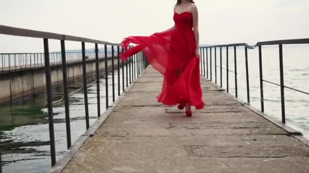 Mooie vrouw loopt op de brug. — Stockvideo