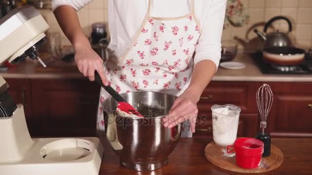 Plan rapproché des chefs, qui mélange la crème avec une spatule dans un grand bol — Video