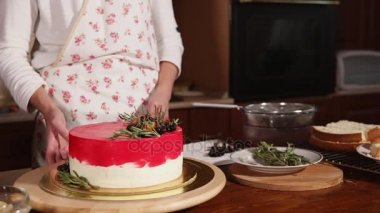Kim bir pasta berry dekorasyonu ile gösterir şefler el atış yukarıya kapatmak