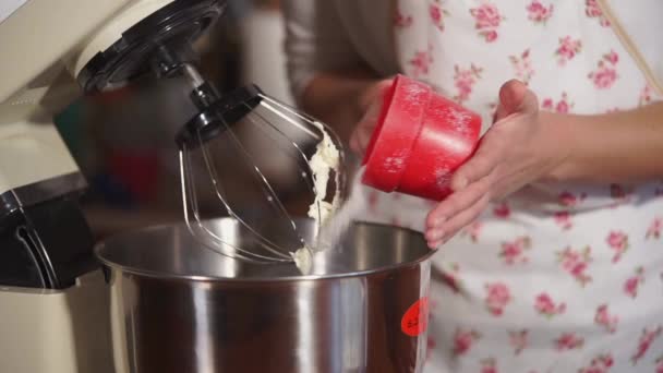 Hand van de chef-koks, die de bloem met de andere ingrediënten in de mixer mengt — Stockvideo