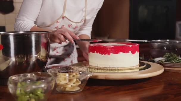 Close up tiro da mesa da cozinha, o chef prepara o bolo com cores de comida — Vídeo de Stock