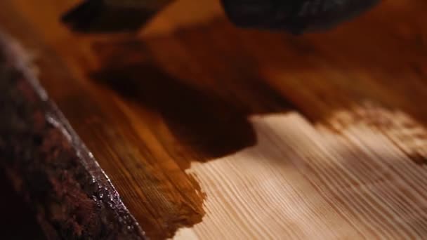 Close-up tiro de uma mesa w, que é coberto com um verniz protetor com uma escova — Vídeo de Stock
