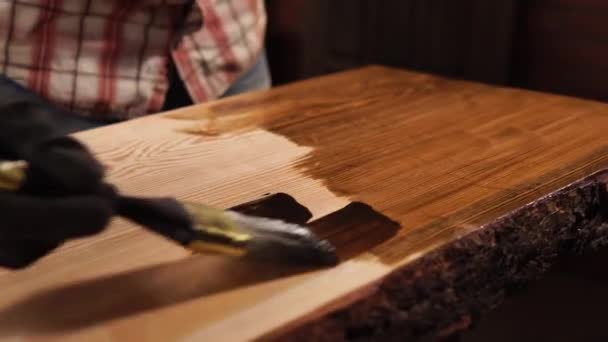 Verniciare un legno con un pennello — Video Stock