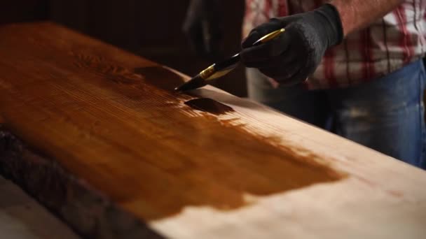 Aplicar barniz fresco sobre una mesa de madera — Vídeo de stock