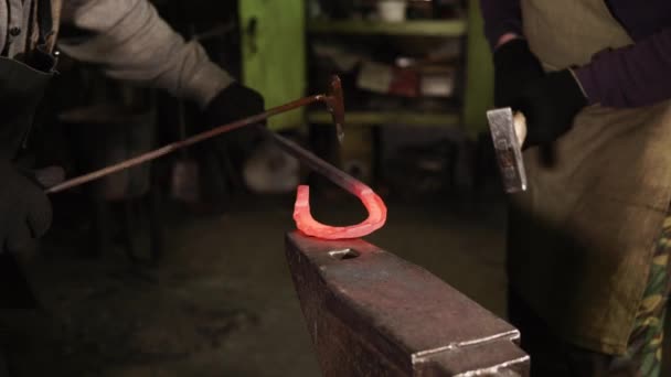 Two blacksmiths are forging iron horseshoe in a forge, close-up — Stock Video