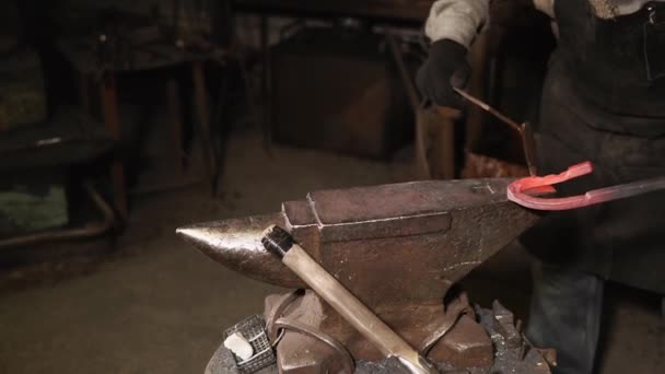 Δύο εργαζόμενοι σε σφυρηλατήσει, κάνοντας ένα πέταλο, νικώντας με σφυρί σε άκμονα — Αρχείο Βίντεο