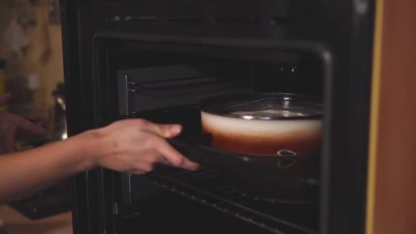 Γυναίκα είναι βάζοντας ένα πιάτο με ζύμη σε ηλεκτρικό φούρνο και ενεργοποίηση — Αρχείο Βίντεο