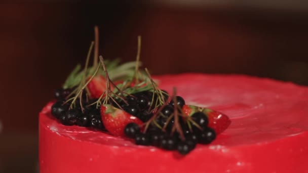 Кондитер надевает красный торт декор трав и ягод — стоковое видео