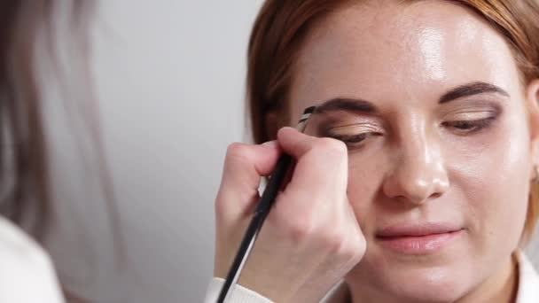 Maquillaje artista está pintando sobre una frente de chica por cepillo y sombras — Vídeos de Stock