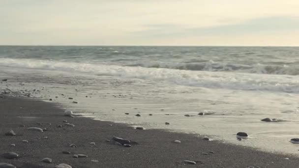 Empty seacoast in cloudy weather, waves are splashing in evening time — Stock Video