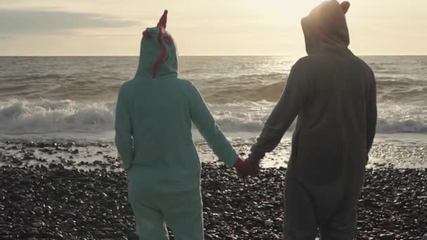Мужчина и женщина в кигуруми стоят на пляже и смотрят на океанские волны — стоковое видео