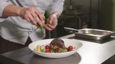 aşçılar atış eller kapatın, adam pişmiş yeşillik yemekleri Süsle