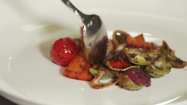 Nära upp skott av n en platta där ligga rostade i kryddor och olja grönsaker — Stockvideo