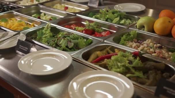Plenty of food trays in a buffer — Stock Video