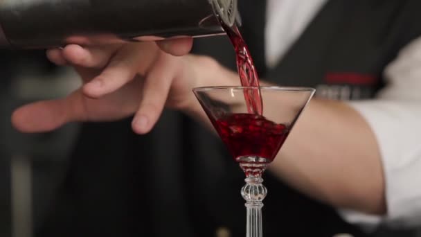 Cantinero está vertiendo cóctel alcohólico rojo de coctelera a vaso en un bar — Vídeos de Stock