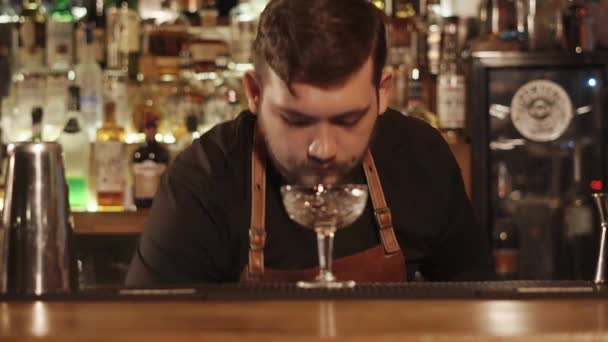 Μπάρμαν βάζει παγάκια σε ένα ποτήρι σε ένα μπαρ ο μετρητής — Αρχείο Βίντεο