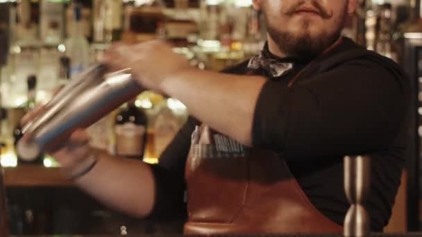 Nära upp skott av barman händerna skakar han shaker med ingredienser för cocktail — Stockvideo