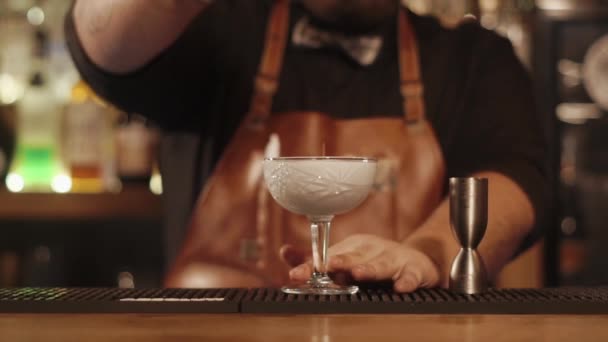 Le barman remplit le verre de cristal par une boisson mélangée blanche et le décore — Video