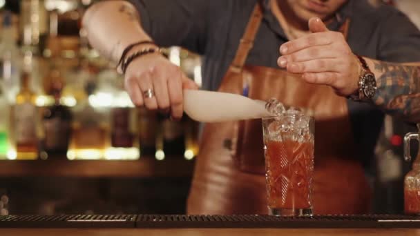 Close up shot of the mans hands, he puts the ice in vegetable juice for visitor — Stock Video