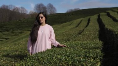 bir yaz gününde çay plantasyon Tarih satır arasında güneş gözlüğü genç bir kadın duruyor