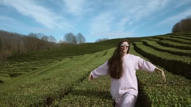 Ung kvinna höjer armarna upp mot en bakgrund av te buskar — Stockvideo