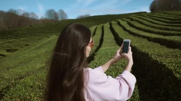 Милая женщина со смартфоном на поле — стоковое видео