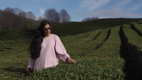 Mujer disfrutando de la naturaleza en montañas — Vídeos de Stock