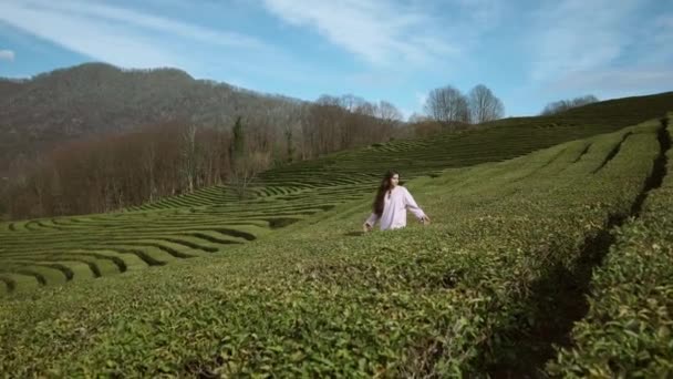 Hermosa morena en las montañas — Vídeo de stock