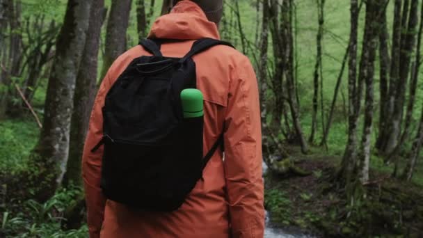 Toerist loopt alleen in het bos, nadert de rivier — Stockvideo