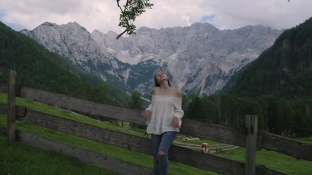 Turismo en los Alpes, paisaje con pastizales — Vídeos de Stock