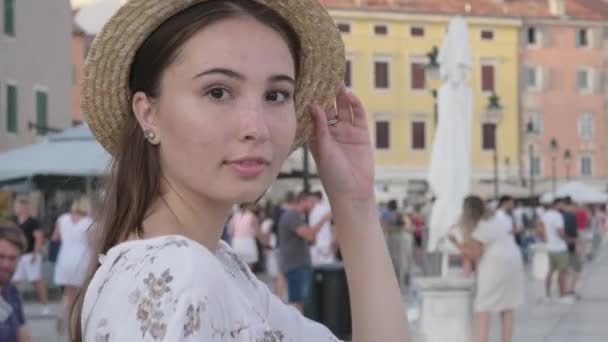 Holidays in Croatia in summer vacation, portrait of woman — Stock Video