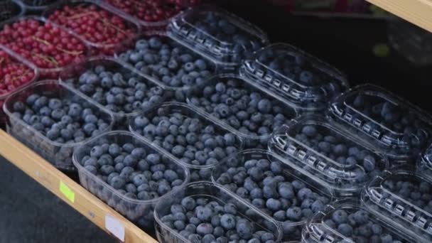 Market stall with variety of fresh berries — Stock Video