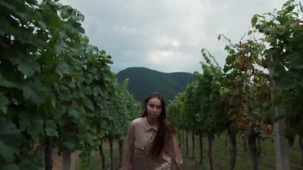Löpande flicka i vingården i Wachau Valley, Österrike — Stockvideo