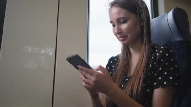 Meisje met mobiele telefoon tijdens de treinrit — Stockvideo