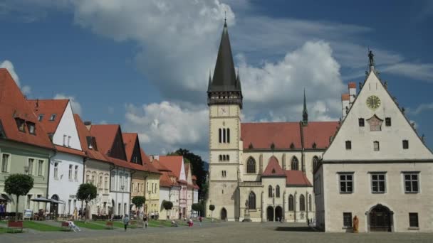 Bardejov scene with Town Hall Square, Slovakia — Stockvideo