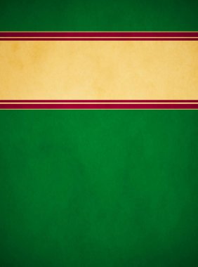 Zengin yeşil parşömen dokusu, portre yöneliminde kırmızı ve altın çizgili dokulu bir afiş..