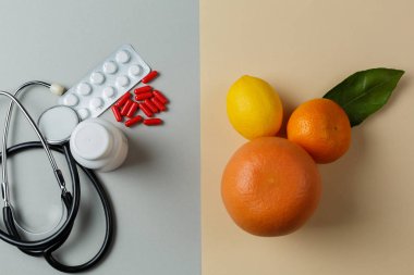 İlaçlar ve taze meyvelerin üst görünümü