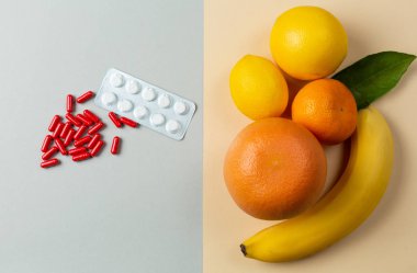 İlaçlar ve taze meyvelerin üst görünümü