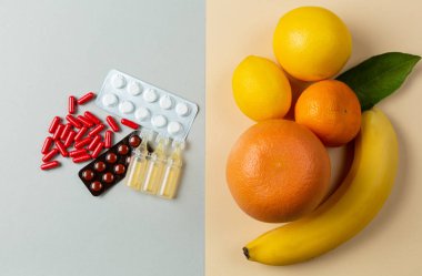 İlaçlar ve taze meyvelerin üst görünümü