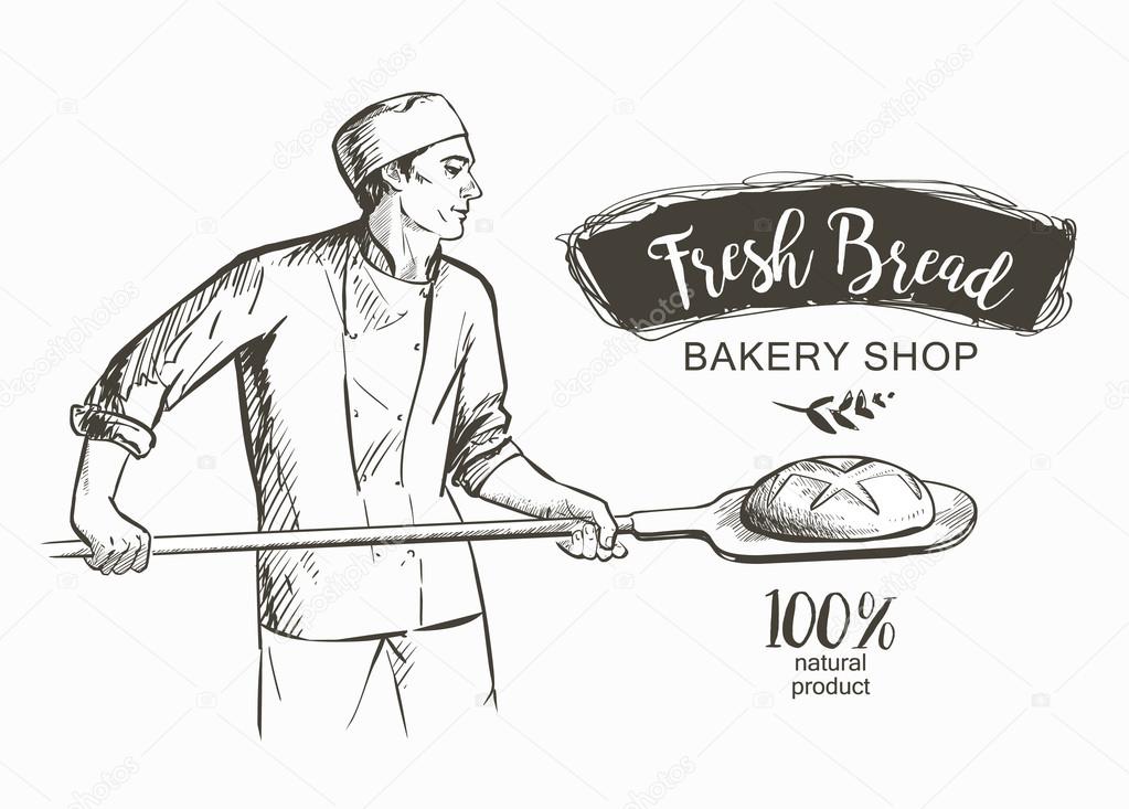 Baker in uniform taking out with shovel baked bread from the oven vector illustration