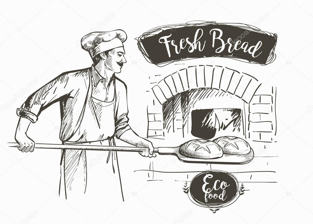 Baker in uniform taking out with shovel baked bread from the oven vector illustration