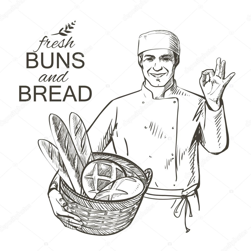 Baker in uniform carrying a basket with baked bread vector illustration