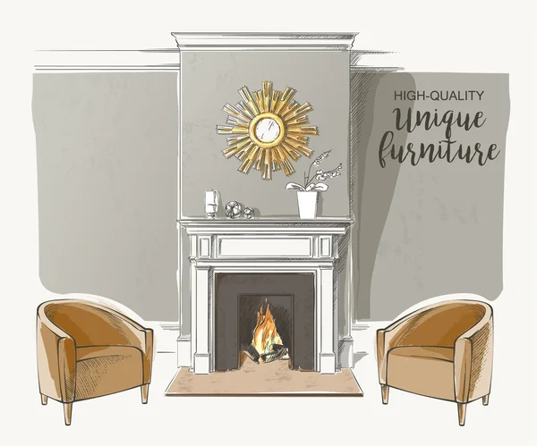 Chambre avec fauteuils cheminée — Image vectorielle