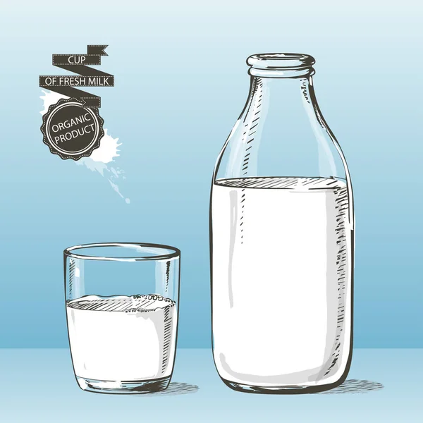 ボトルとガラス ミルク ベクター スケッチ — ストックベクタ
