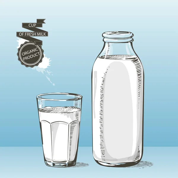 ボトルとガラス ミルク ベクター スケッチ — ストックベクタ