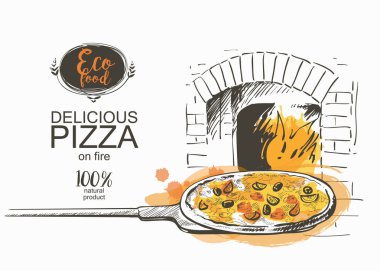 Pizza fırın vektör çizim pişirmeye hazır